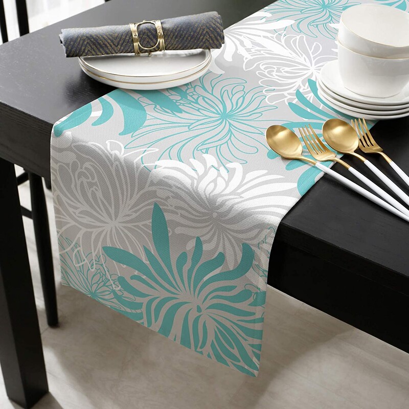 Aqua Chrysanthemum Flowers Lenen Table Runner Wedding Party Decoration Summer Floral Grey for Kitchen Decor