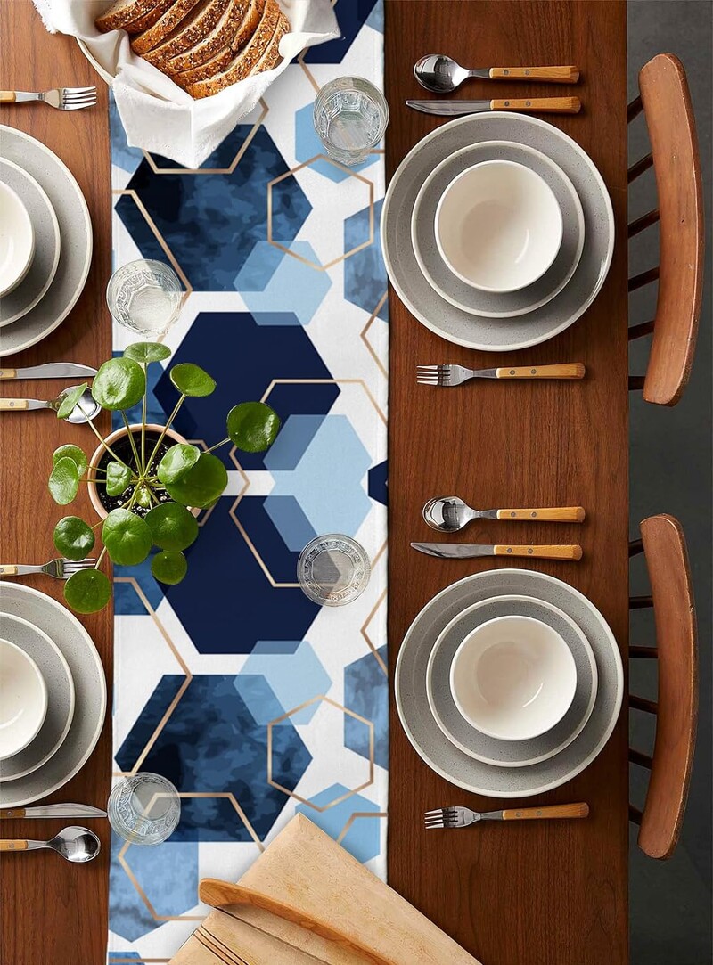 Modern absztrakt geometrikus lenvászon asztali futó komód Sálak Újrafelhasználható konyhai étkezőasztal futó Ünnepi parti dekorációk