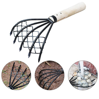 Clam Rake με δίχτυ 5 Claw Wood Handle Rake Shell σκάψιμο Εργαλείο σκάψιμο Θαλασσινά αξεσουάρ Weeding Farming Tool Wood Handle Pitchfork