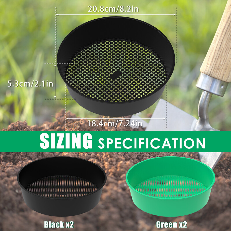 4db Talajszita Újrafelhasználható Kőszita serpenyő műanyag kerti hálós szita kerek hálós szitalapát hordozható kerti talajszita