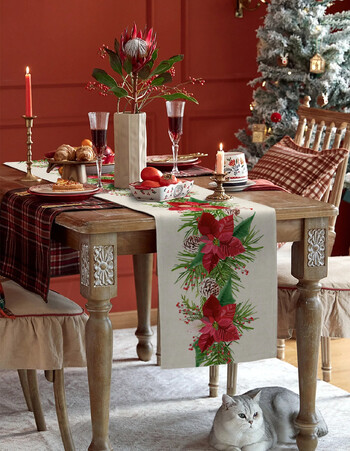 Χριστουγεννιάτικα Poinsettia Flower Lenn Table Runners Διακόσμηση τραπεζιού Επαναχρησιμοποιήσιμα αγροτικά σπίτια Τραπεζαρία δρομείς Χριστουγεννιάτικα στολίδια 2025