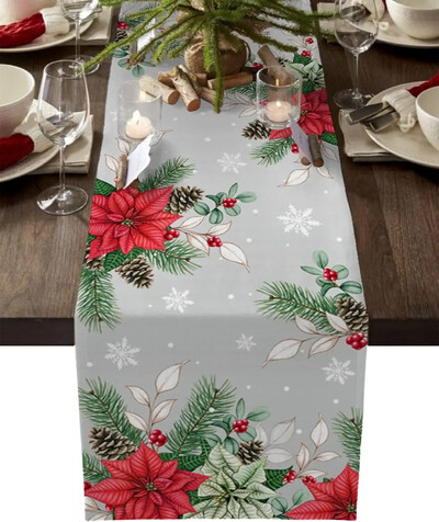 Ziemassvētku puansetijas ziedu linu galda skrējēji Galda dekori Ziemas Ziemassvētku sniegpārslas pusdienu galda skrējēji Ziemassvētku rotājumi