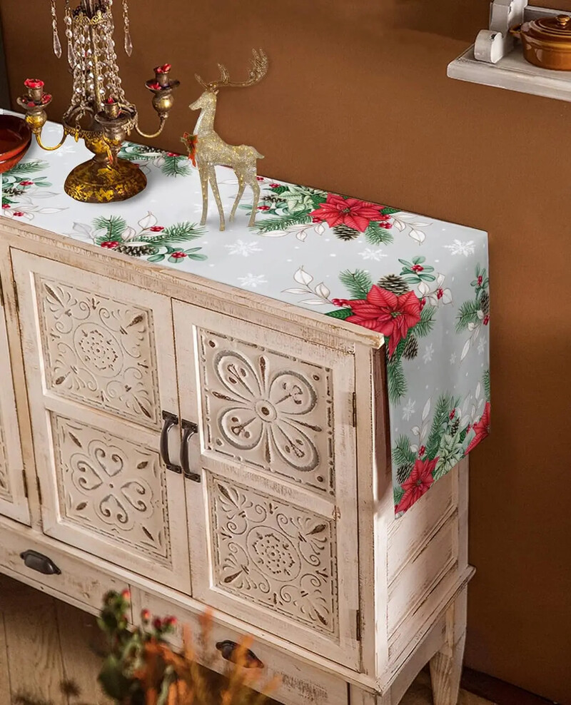 Ziemassvētku puansetijas ziedu linu galda skrējēji Galda dekori Ziemas Ziemassvētku sniegpārslas pusdienu galda skrējēji Ziemassvētku rotājumi