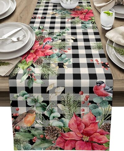 Χριστουγεννιάτικο Πουανσέτι Πουλί κουκουνάρι λινό Τραπέζι Runner Dresser Κασκόλ Χειμωνιάτικο Χριστουγεννιάτικο τραπέζι Κουζίνα Runner Χριστουγεννιάτικα διακοσμητικά