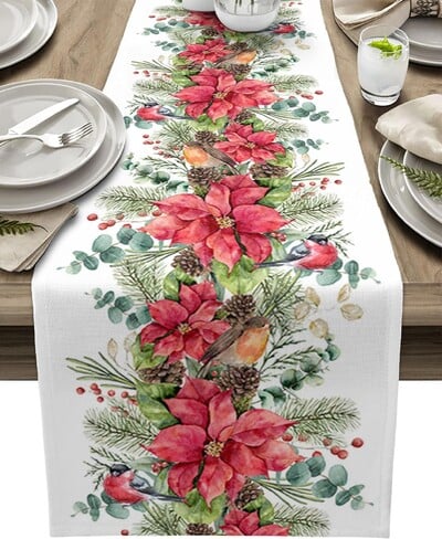 Χριστουγεννιάτικο Πουανσέτι Πουλί κουκουνάρι λινό Τραπέζι Runner Dresser Κασκόλ Χειμωνιάτικο Χριστουγεννιάτικο τραπέζι Κουζίνα Runner Χριστουγεννιάτικα διακοσμητικά