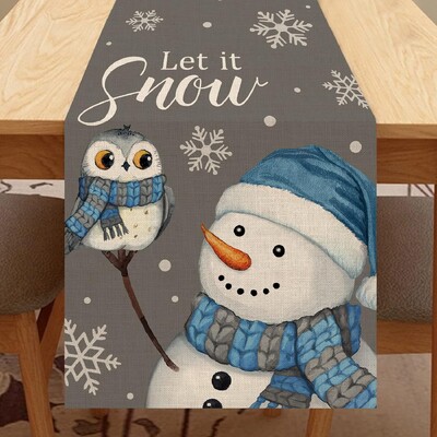 Christmas Let It Snow Snowman Owl Linen Table Runnings Grey Blue Snowy Snowflake Xmas Table Runner Winter Home Home Party Decor Table