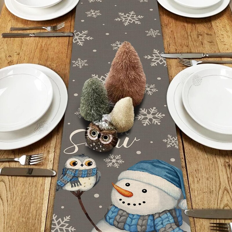 Christmas Let It Snow Snowman Owl Linen Table Runnings Grey Blue Snowy Snowflake Xmas Table Runner Winter Home Home Party Decor Table