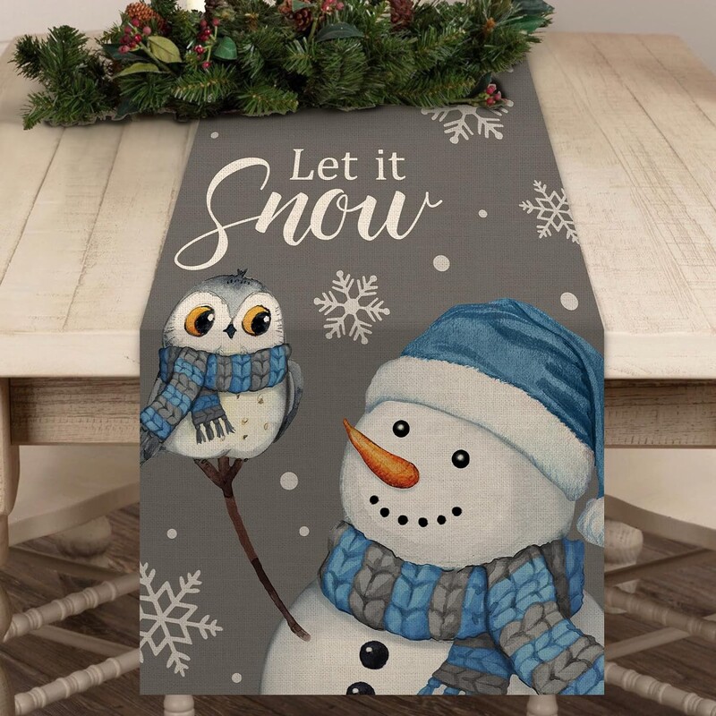 Christmas Let It Snow Snowman Owl Linen Table Runnings Grey Blue Snowy Snowflake Xmas Table Runner Winter Home Home Party Decor Table