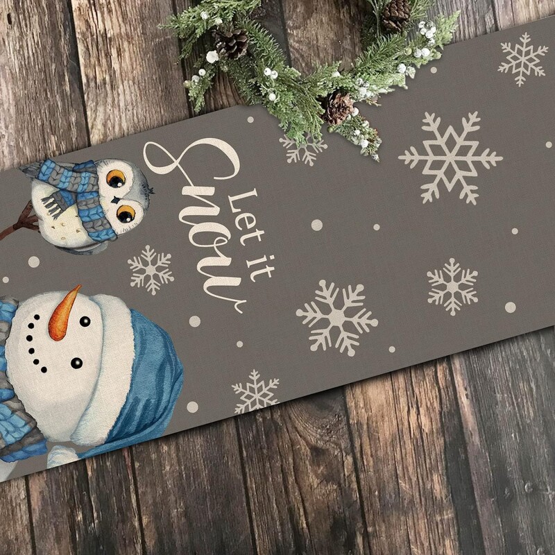 Christmas Let It Snow Snowman Owl Linen Table Runnings Grey Blue Snowy Snowflake Xmas Table Runner Winter Home Home Party Decor Table