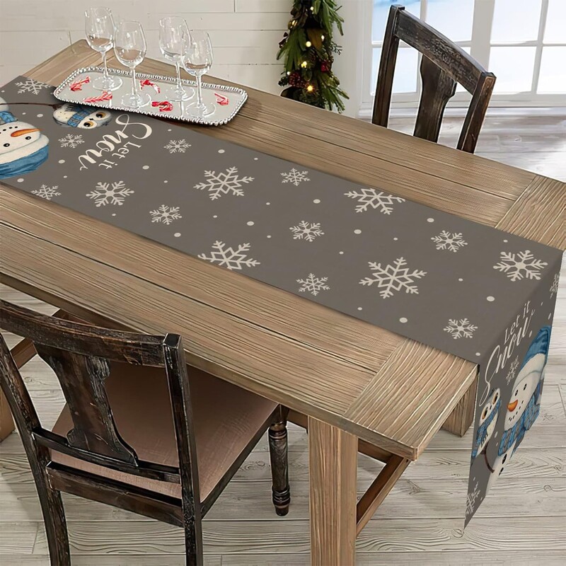 Christmas Let It Snow Snowman Owl Linen Table Runnings Grey Blue Snowy Snowflake Xmas Table Runner Winter Home Home Party Decor Table