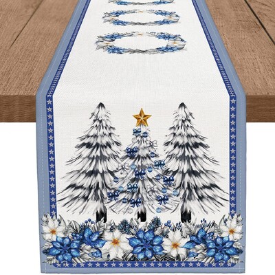 Winter Pine Tree Table Runner Blue Christmas Poinsettia Wreath Decor for Кухня Трапезна маса Център Домашно парти Поставка за телевизор Празник