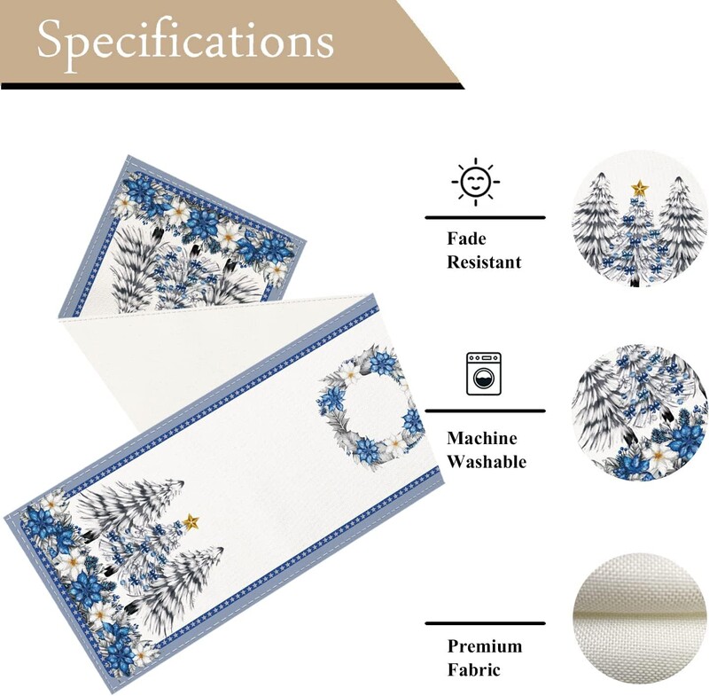 Winter Pine Tree Table Runner Blue Christmas Poinsettia Wreath Decor for Кухня Трапезна маса Център Домашно парти Поставка за телевизор Празник