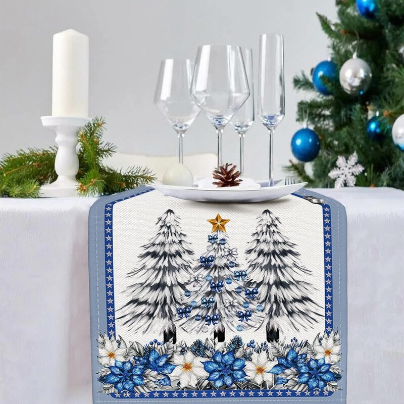 Winter Pine Tree Table Runner Blue Christmas Poinsettia Wreath Decor for Кухня Трапезна маса Център Домашно парти Поставка за телевизор Празник
