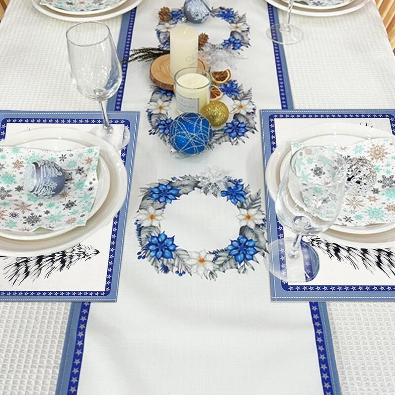 Winter Pine Tree Table Runner Blue Christmas Poinsettia Wreath Decor for Кухня Трапезна маса Център Домашно парти Поставка за телевизор Празник