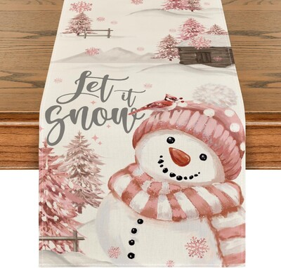 Коледна украса Коледни елхи Let It Snow Red Snowman Linen Table Runner Winter Holiday Кухненска маса Decor for Party Decor