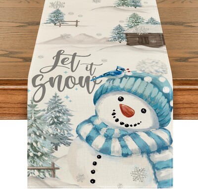 Коледна украса Коледни елхи Let It Snow Red Snowman Linen Table Runner Winter Holiday Кухненска маса Decor for Party Decor