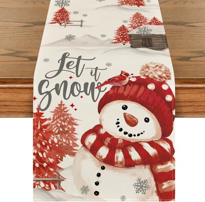 Коледна украса Коледни елхи Let It Snow Red Snowman Linen Table Runner Winter Holiday Кухненска маса Decor for Party Decor