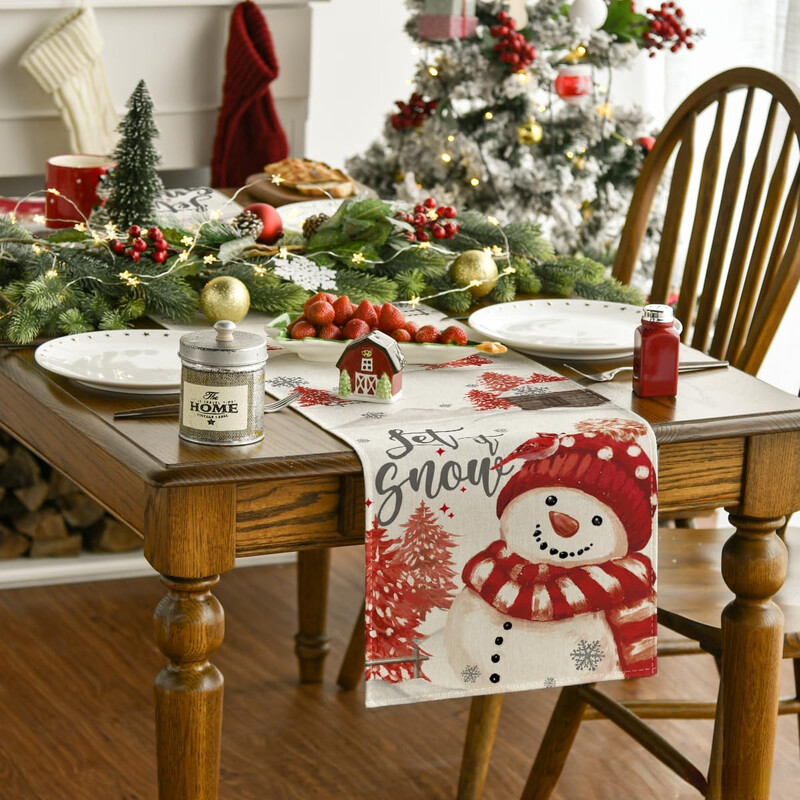 Коледна украса Коледни елхи Let It Snow Red Snowman Linen Table Runner Winter Holiday Кухненска маса Decor for Party Decor