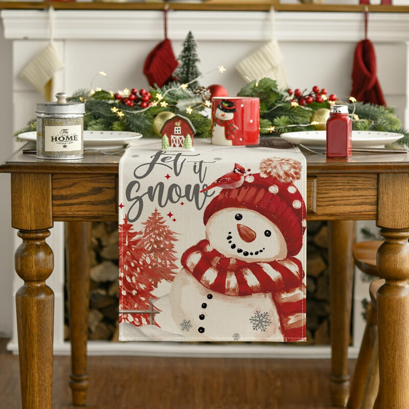 Коледна украса Коледни елхи Let It Snow Red Snowman Linen Table Runner Winter Holiday Кухненска маса Decor for Party Decor
