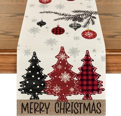 Merry Christmas Red Pine Trees Linen Table Runner Winter Xmas Holiday Party Kitchen Dining Table Decor Navidad Decoration 2025