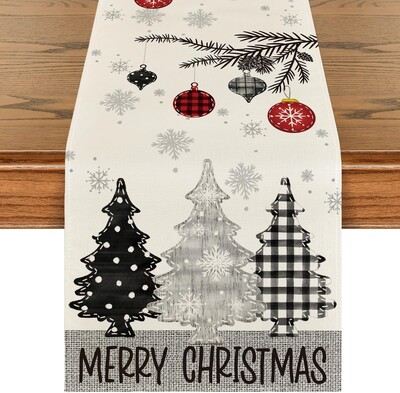 Merry Christmas Red Pine Trees Linen Table Runner Winter Xmas Holiday Party Kitchen Dining Table Decor Navidad Decoration 2025