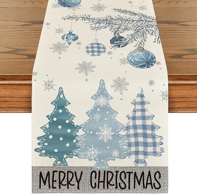 Merry Christmas Red Pine Trees Linen Table Runner Winter Xmas Holiday Party Kitchen Dining Table Decor Navidad Decoration 2025