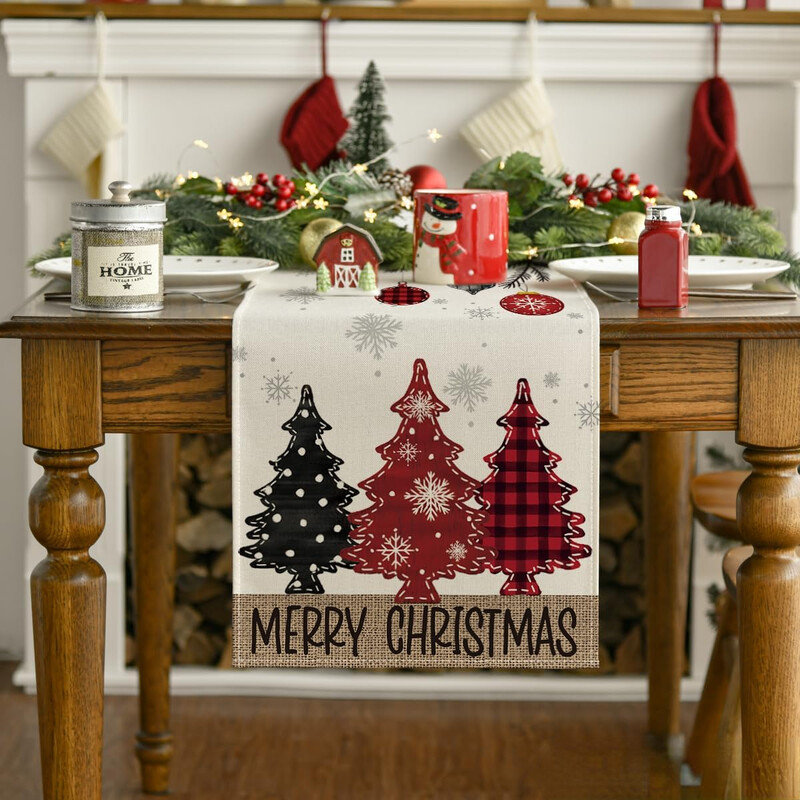 Merry Christmas Red Pine Trees Linen Table Runner Winter Xmas Holiday Party Kitchen Dining Table Decor Navidad Decoration 2025
