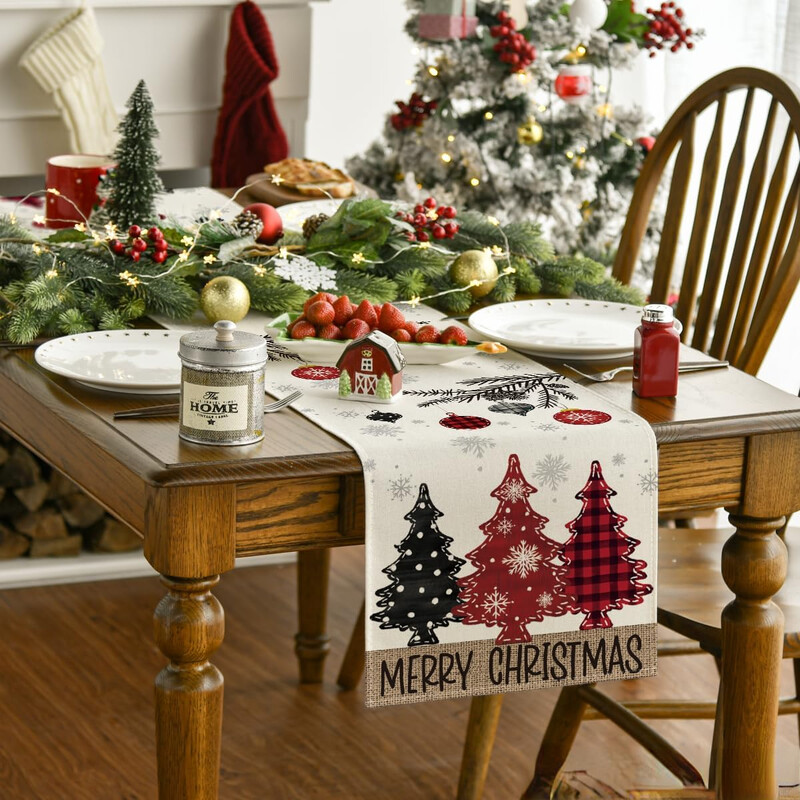 Merry Christmas Red Pine Trees Linen Table Runner Winter Xmas Holiday Party Kitchen Dining Table Decor Navidad Decoration 2025