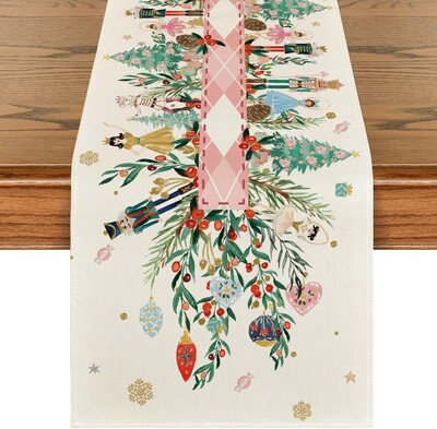 Коледна лешникотрошачка Floral Holly Linen Table Runner Dresser Scarf Winter Xmas Party Dining Table Decor Navidad Decorations 2025