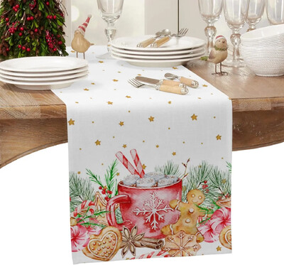 Коледа Pine Bree Leaves Linen Пътеки за маса Шалове за скрин Декорация на маса Winter Xmas Dining Table Runner Коледна украса