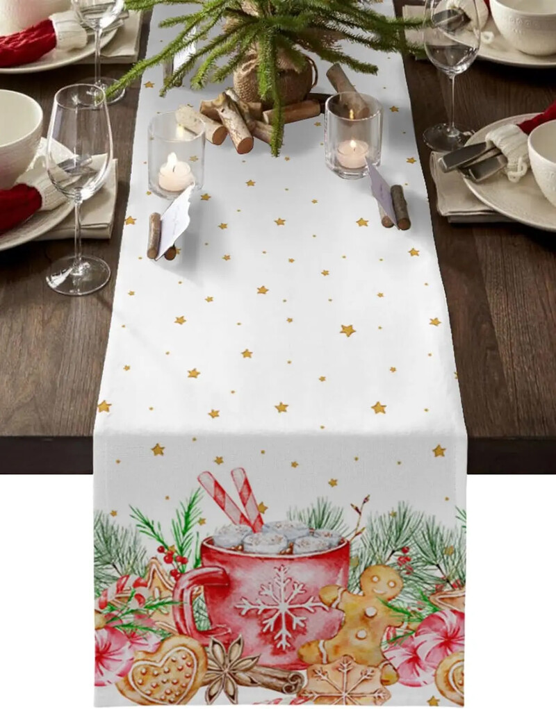 Коледа Pine Bree Leaves Linen Пътеки за маса Шалове за скрин Декорация на маса Winter Xmas Dining Table Runner Коледна украса