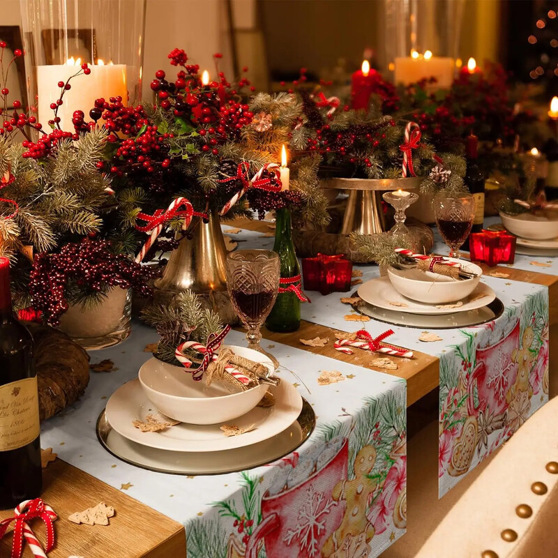Коледа Pine Bree Leaves Linen Пътеки за маса Шалове за скрин Декорация на маса Winter Xmas Dining Table Runner Коледна украса