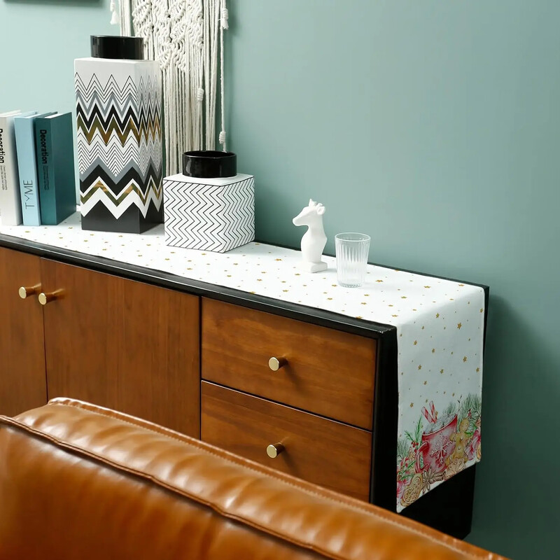 Коледа Pine Bree Leaves Linen Пътеки за маса Шалове за скрин Декорация на маса Winter Xmas Dining Table Runner Коледна украса