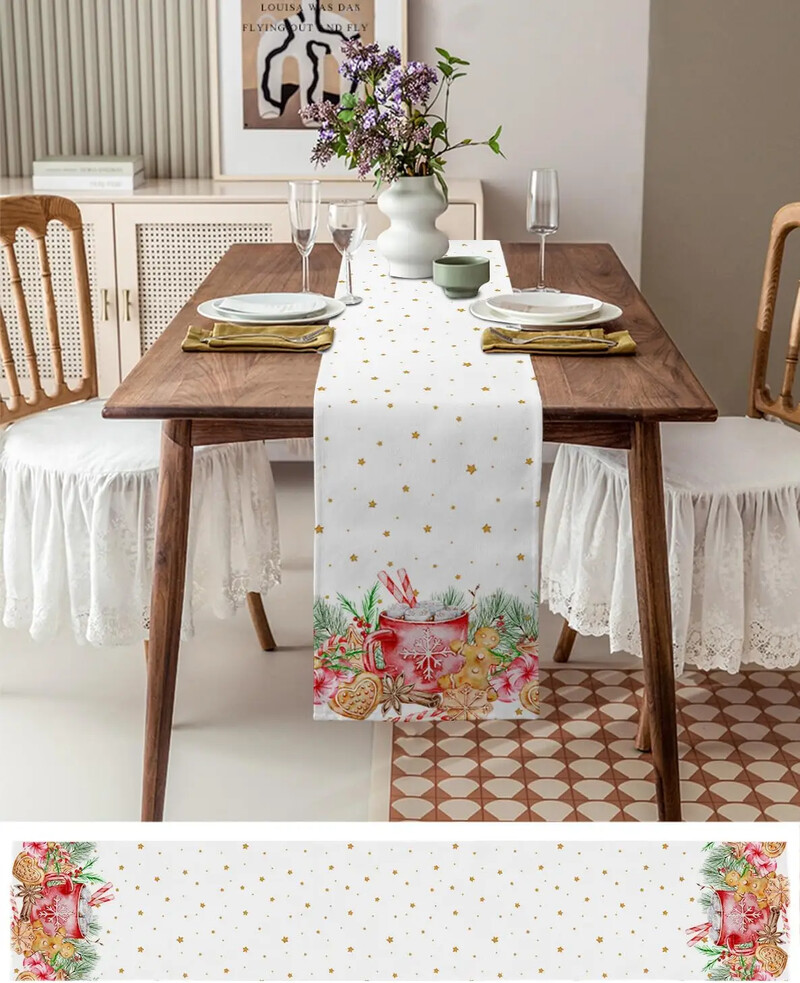 Коледа Pine Bree Leaves Linen Пътеки за маса Шалове за скрин Декорация на маса Winter Xmas Dining Table Runner Коледна украса