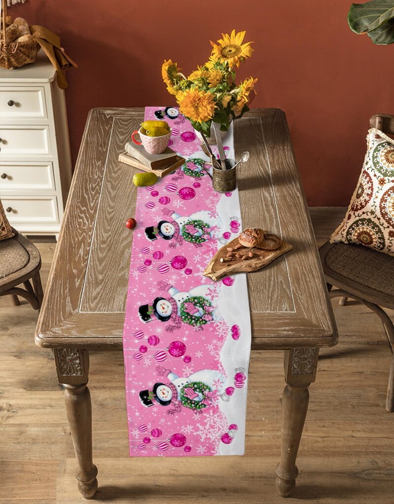 Χριστουγεννιάτικο Ροζ Χιονάνθρωπος Λινά Τραπεζάκια Διακόσμηση Φουλαριού Μουσικής Επαναχρησιμοποιήσιμη Τραπεζαρία Τραπεζαρία Δρομείς Προμήθειες για γιορτινό πάρτι