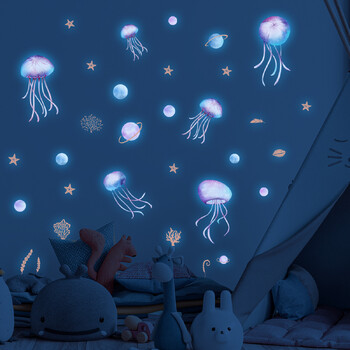 Blue Luminous Jellyfish Family αυτοκόλλητα τοίχου Διακόσμηση σπιτιού Διακόσμηση τοίχου Αξεσουάρ σπιτιού Ταπετσαρία παιδικό σαλόνι διακόσμηση