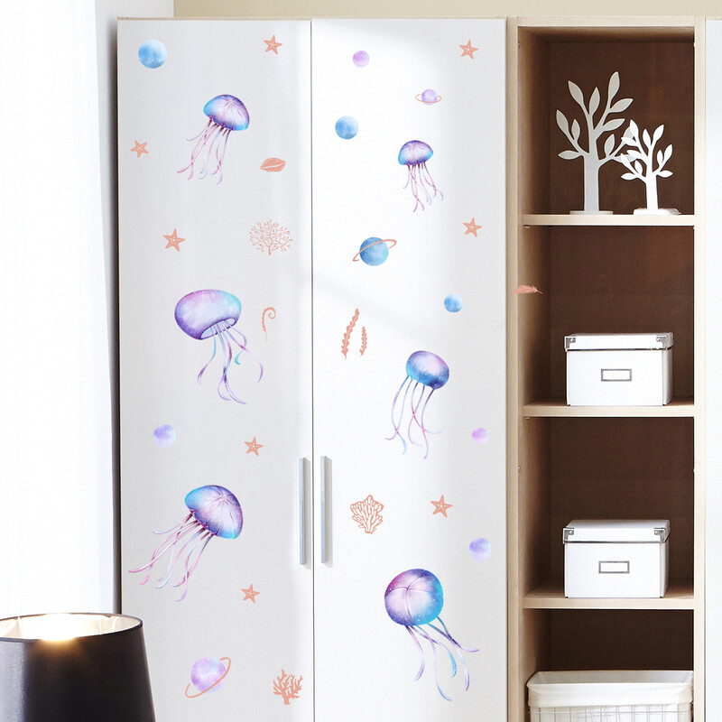 Blue Luminous Jellyfish Family αυτοκόλλητα τοίχου Διακόσμηση σπιτιού Διακόσμηση τοίχου Αξεσουάρ σπιτιού Ταπετσαρία παιδικό σαλόνι διακόσμηση