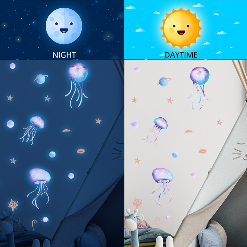Blue Luminous Jellyfish Family αυτοκόλλητα τοίχου Διακόσμηση σπιτιού Διακόσμηση τοίχου Αξεσουάρ σπιτιού Ταπετσαρία παιδικό σαλόνι διακόσμηση