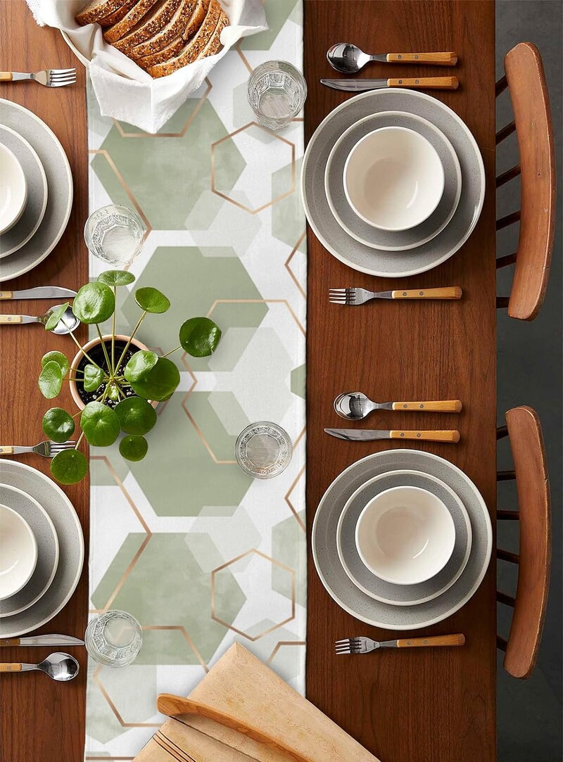 Geltona Šiuolaikinis abstrakčias menas Estetika Žalia geometrija Lininiai stalo bėgiai Suknelės Šalikai Stalo dekoras Vakarienė Vestuvių vakarėlio dekoras