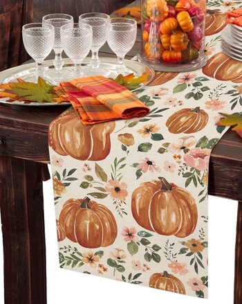 Φθινοπωρινό Pumpkin Lenn Table Runners Φθινόπωρο των Ευχαριστιών Floral Table Runner για τραπεζαρία κουζίνας Διακόσμηση τραπεζιού σαλονιού Διακόσμηση για πάρτι σπιτιού