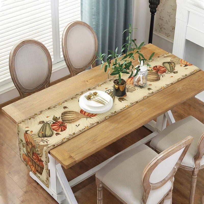 Φθινοπωρινά φύλλα και στάμπα κολοκύθας Τραπέζι κουζίνας Λευκά είδη Τραπέζι, Διακόσμηση Ευχαριστιών Τραπέζι Runner Διακόσμηση τραπεζιού για γιορτινό πάρτι