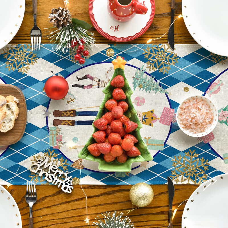 Vianočný modrý diamantový kockovaný Luskáčik Snehová vločka Ľanový uterák Zimný vianočný kuchynský párty dekorácia stola Navidad dekorácie