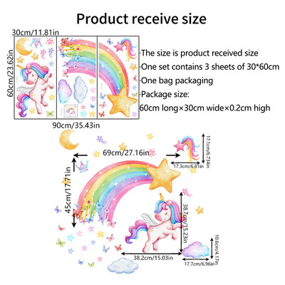 3 τμχ Αστέρια Rainbow Unicorn Baby Girls Room Decal Cartoon Pony Παιδικά αυτοκόλλητα τοίχου για Διακόσμηση Παιδικού Δωματίου Νηπιαγωγείου
