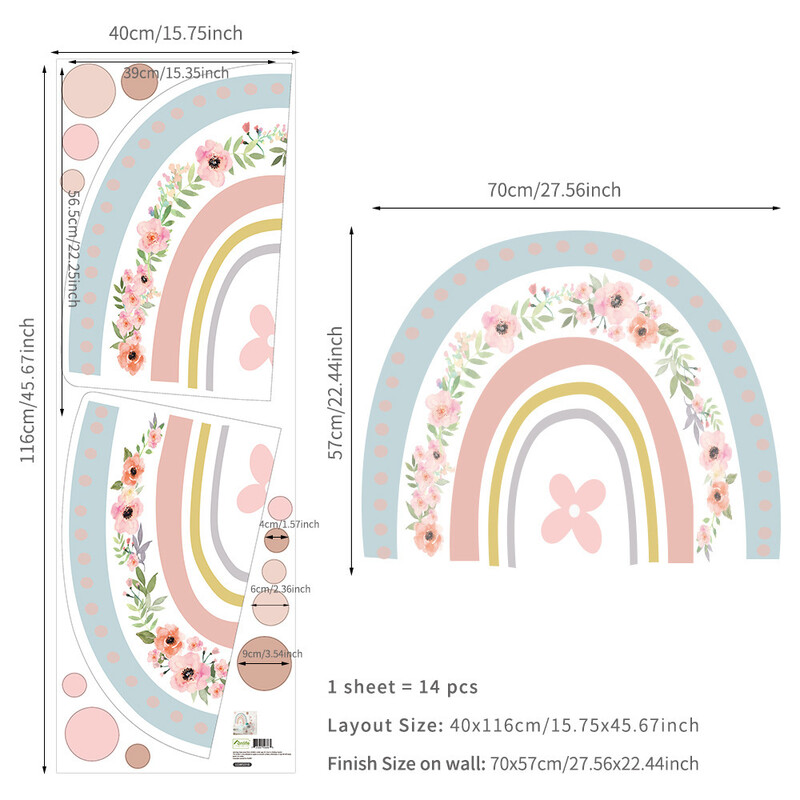 Μεγάλα αυτοκόλλητα τοίχου με ακουαρέλα ουράνιο τόξο, λουλούδι, αυτοκόλλητο και αυτοκόλλητο πολύχρωμο αυτοκόλλητο τοίχου για παιδική διακόσμηση κρεβατοκάμαρας