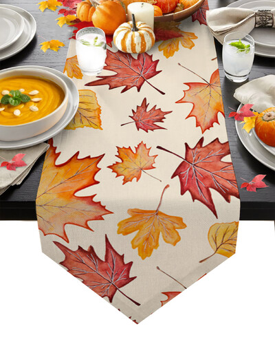 Rudenį nukritę lapai moliūgų valgomojo stalo bėgikas Vestuvių kaimo dekoras Lininis stalo bėgikas valgomojo stalo kalėdiniam papuošimui