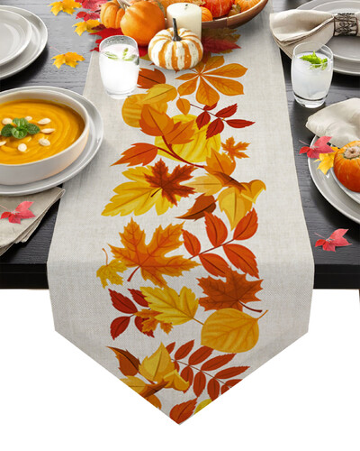 Rudenį nukritę lapai moliūgų valgomojo stalo bėgikas Vestuvių kaimo dekoras Lininis stalo bėgikas valgomojo stalo kalėdiniam papuošimui