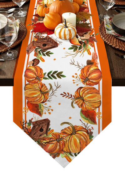 Rudenį nukritę lapai moliūgų valgomojo stalo bėgikas Vestuvių kaimo dekoras Lininis stalo bėgikas valgomojo stalo kalėdiniam papuošimui