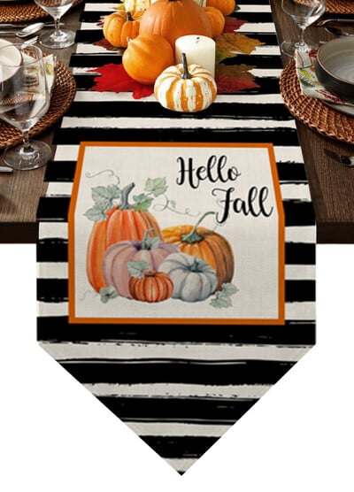 Rudenį nukritę lapai moliūgų valgomojo stalo bėgikas Vestuvių kaimo dekoras Lininis stalo bėgikas valgomojo stalo kalėdiniam papuošimui