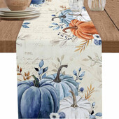 Padėkos dienos dekoravimo lininis stalo bėgikas Mėlynas moliūgų komodos staliukas Vintažinis virtuvės stalas Vestuvių vakarėlio priedai