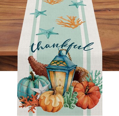 Padėkos dienos dekoravimo lininis stalo bėgikas Mėlynas moliūgų komodos staliukas Vintažinis virtuvės stalas Vestuvių vakarėlio priedai